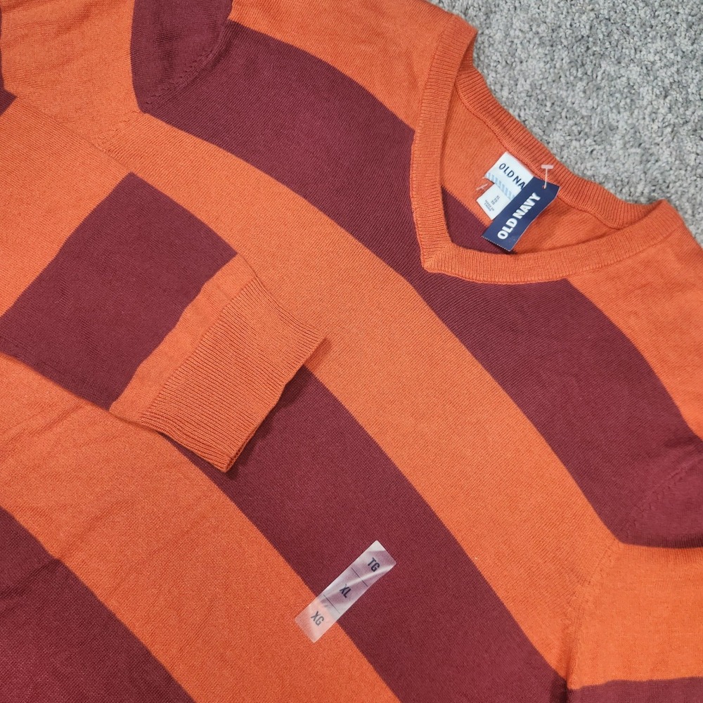 Old Navy Striped V-Neck Sweater Mens XL NWT Orange Burgundy Fall Halloween Knit